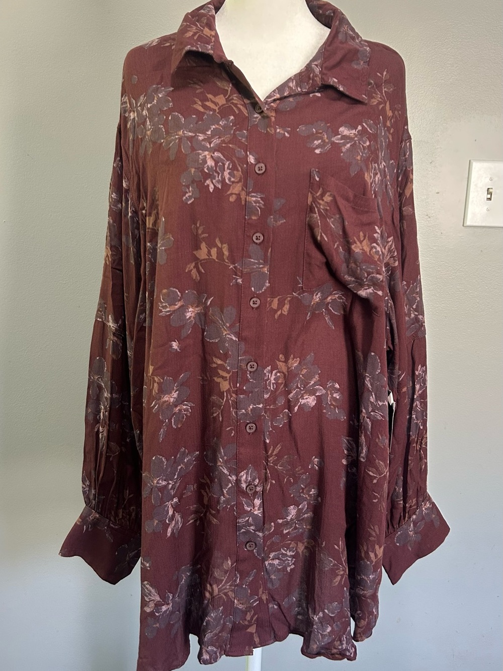 torrid Festi Lovely Floral Rust Red Mahogany Button-Down Tunic Top Shirt
